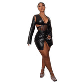 Fall Women Clothing Sexy Mesh Low Cut Boning Corset Corset Sheath Faux Leather Dress