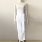 Women Clothing One Shoulder Sleeveless Knitted Bandage One Piece Dress Sexy Slit Party Cocktail Evening Dress