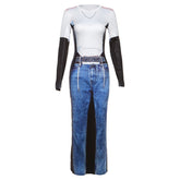 Women Clothing Autumn 3D Denim Printing Round Neck Pullover Long Sleeve Slim Slimming Dress