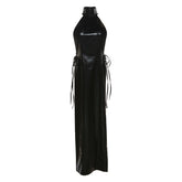 Spring Summer Women Clothing Halter Sexy Lace up Slit Slim Fitting Faux Leather Dress for Women