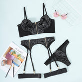 Faux Leather Mesh Stitching Sexy Sexy Lingerie Set Three Piece Set