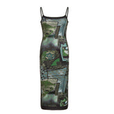 French Vintage Plant Floral Print Contrast Color Slim Fit Sexy Slim Sexy Strap Dress