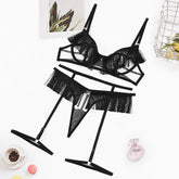 Sexy Tassel Sheer Mesh Sexy Garter Underwear Three Piece Set Women
