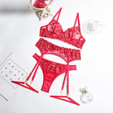 Women Clothing Embroidered Lace Mesh Sexy Underwear with Steel Ring Gathered Three Piece Suit