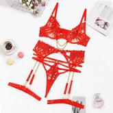 Flame Embroidery Sexy Chain Bra Hollow Out Cutout Ribbon Wedding Sexy Lingerie Four Piece Set
