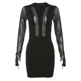 Autumn Winter Women Clothing See through Mesh Stitching Long Sleeves round Neck Sheath Dress for Women