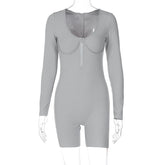 Zipper U Shaped Collar Long Sleeve Tight Jumpsuit Fall Women Clothing Solid Color Shorts