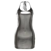 Spring Summer Women Nightclub Bright Reflective Halter Lace up Slim Fit Sheath Dress