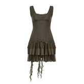 Retro Beggar Vacation Ruffled Irregular Asymmetric Lace Vest Dress Sexy Slim Fit Backless Short Dress