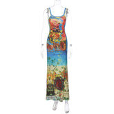 Women Clothing Summer Retro Fashionable Personalized Printed off Neck Strap Dress