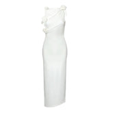 White Glaze Surface Faux Leather Pleating Bow Floral Hip Dress Stretch Slim Dress Women Christmas 3D Rose Dress