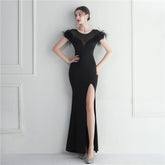 Mesh Rhinestone Decorative Feather Star Red Carpet Long Evening Dress
