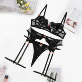 Leather Splicing Mesh Sexy Suit Love Embellished See through Sexy Underwear Garter Four Piece Set