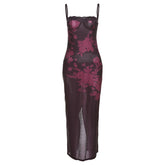 Spring Summer Women Sexy Strap Lace Slim Sheath Print Retro Dress