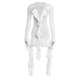 Women Clothing Autumn Solid Color Elegant Ribbon Patchwork Flared Sleeves See through Sexy Slim Dress