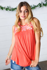 Orange-Red Embroidery Lace Edge Yoke Top