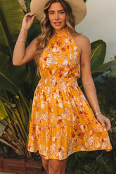 Yellow Sleeveless Smocked Waist Floral Dress