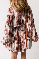 Brown Tie Dye Smocked Waist Long Sleeve Dress