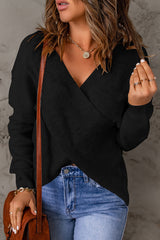 Black Criss Cross Wrap Plunging Neck Sweater