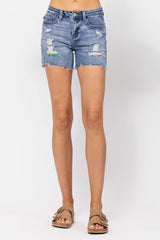 Judy Blue Mid-Rise Serape Patch Cut-Off Denim Shorts