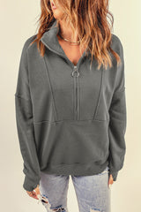 Dark Gray Solid Color Zip Collar Sweatshirt with Pockets