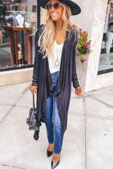 Black Draped Open Front Long Cardigan