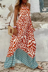 Orange Boho Geometric Print Sleeveless Maxi Dress