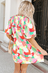 Multicolor Abstract Print Notch V Neck Puff Sleeve Dress