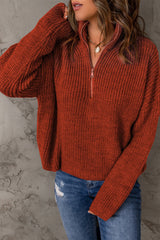 Red Zipped Turtleneck Drop Shoulder Knit Sweater