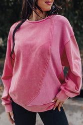 Pink Exposed Seam Waffle Knit Patchwork Sweatshirt