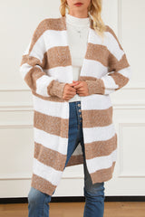 Khaki Striped Colorblock Rib Knit Bubble Sleeve Midi Cardigan