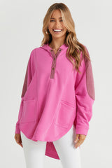 Rose Patchwork Side Pockets Oversized Henley Hoodie