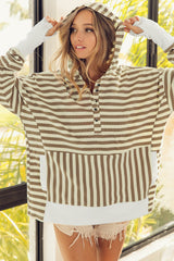 Khaki Striped Contrast Thumbhole Oversized Hoodie