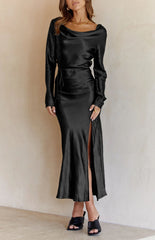 Black Drape Neck Tie Waist Long Sleeve Slit Dress