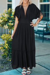Black Drawstring Pleated Kimono Sleeve Ruffle Maxi Dress