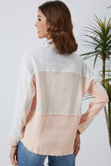 Khaki Color Block Buttoned Raw Hem Textured Shirt