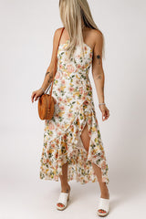 White Flowy Ruffle Slit Halter Neck Floral Dress