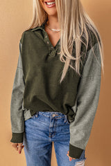 Green Patchwork Button Down Neckline Hoodie