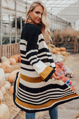 Stripe Drop Shoulder Open Front Long Cardigan