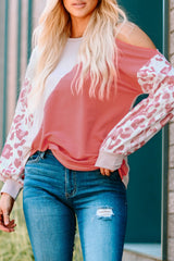Leopard Sleeve Asymmetric Cold Shoulder Colorblock Knit Top