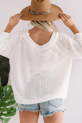 White Ribbed Trim Pointelle Knit Loose Sweater