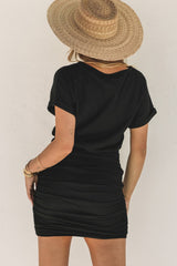 Black Chest Pocket Loose T-shirt Ruched Bodycon Mini Dress