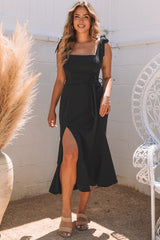 Black Tie Shoulder Smocked Back Side Slit Maxi Dress