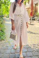 White Textured Turn Down Collar Long Shirt Dress