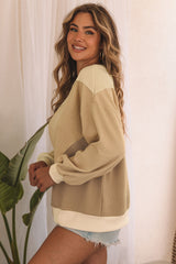 Khaki Irregular Colorblock Patchwork Pullover Sweatshirt