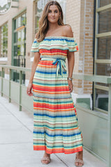 Stripe Print Lace-up Ruffled Off Shoulder Maxi Dress