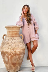Pink Crinkled Buttoned V Neck Long Sleeve Romper