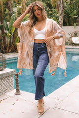 Beige Abstract Print Short Sleeve Open Front Kimono