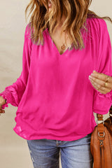 Rose Pleated V Neck Puffy Sleeve Blouse