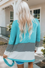 Sky Blue Loose Fit Stripe Colorblock Cardigan